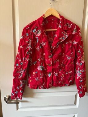 Johnny Was Red Floral Embroidered Button-Down Jacket